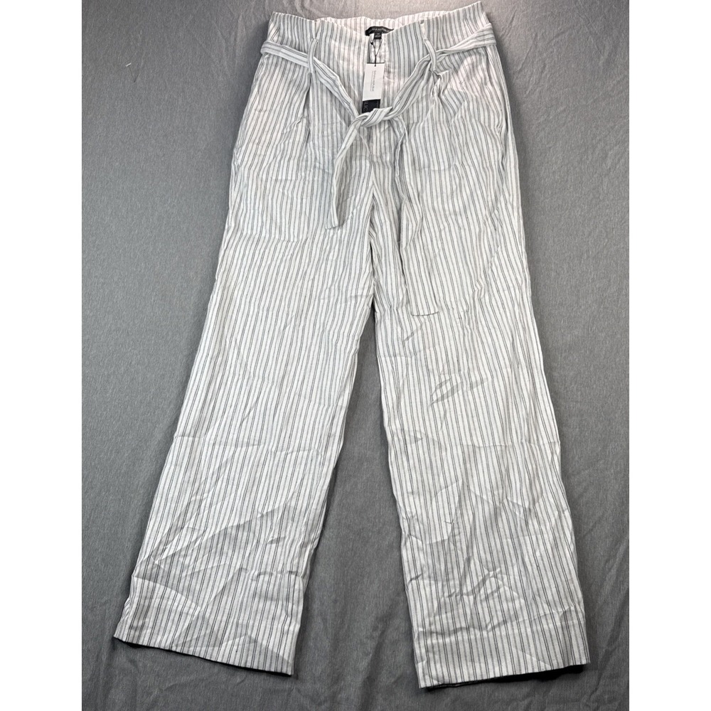 Banana Republic Linen-blend Pants White Black Stripe Sz 14 NWT Wide Leg Tie Belt